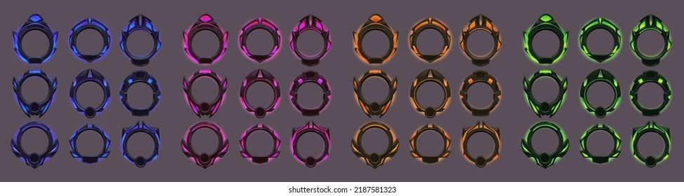 Game avatar frames in futuristic style. Vector cartoon set of game ui elements, empty circle frames with blue, pink, green and orange glow and metal border in sci fi style