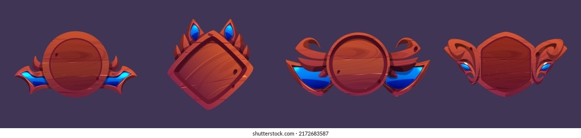 Game avatar frames, level ui icons, wooden shields or banners animal shapes with wings and horns. Isolated 2d graphic elements, reward, trophy achievement and prize for rpg design, Cartoon vector set
