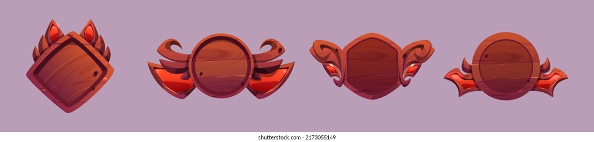 Game avatar frames, level ui icons, wooden shields or banners animal shapes with wings and horns. Isolated 2d graphic elements, reward, trophy achievement and prize for rpg design, Cartoon vector set
