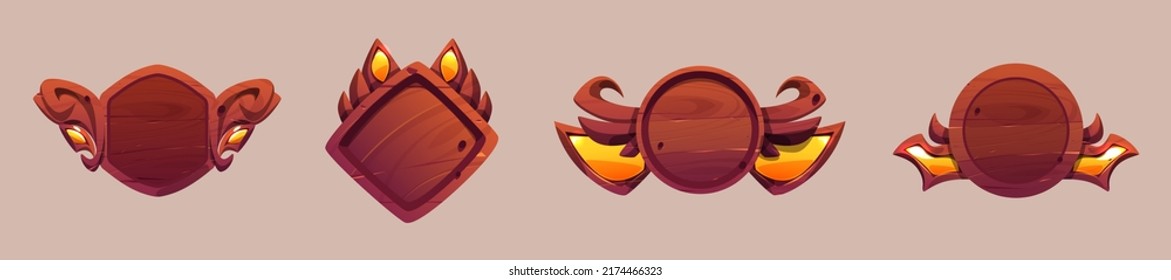 Game avatar frames, level ui icons, wooden shields or banners animal shapes with wings and horns. Isolated 2d graphic elements, reward, trophy achievement and prize for rpg design, Cartoon vector set