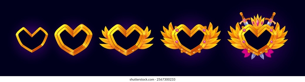 Game avatar heart frames. User level up progress border, rank badge golden frame love valentine symbol fantasy 2d gaming interface element asset cartoon swanky vector illustration original artwork