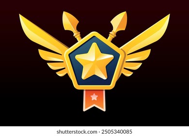 Game award for achievement on a blue background. Star award medal with a red ribbon.