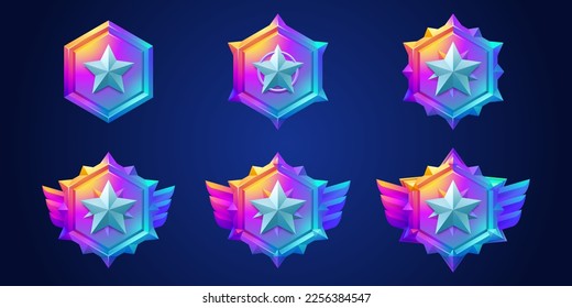 Game award badges, icons of ranking medals with star symbol. Winner achievement signs, gradient colored hexagon emblems with stars and wings, vector cartoon set - Shutterstock ID 2256384547