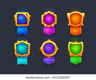 Game award badges and level complete popup shields, vector GUI interface templates. Game trophy award blank icons for level achievement with golden frames and ribbons for video game arcade rank award