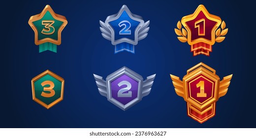 Game award badges and medals for third, second and first place. Cartoon vector illustration set of competition trophy prize with bronze, silver and golden frame and shape of star and hexagon.