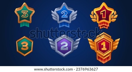 Game award badges and medals for third, second and first place. Cartoon vector illustration set of competition trophy prize with bronze, silver and golden frame and shape of star and hexagon.