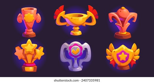 Game award goblet and trophy cup for gui design. Cartoon vector illustration set of silver and golden winner prize with ribbons, wings and stars. Championship or competition achievement prize.