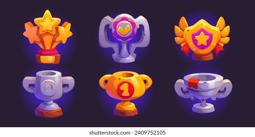 Game award goblet and trophy cup for gui design. Cartoon vector illustration set of silver and golden winner prize with ribbons, wings and star. Championship or competition achievement prize.