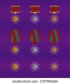 Game awards medal collection. Receiving the cartoon game achievement. Medals with stars, isolated. Mobile game application design elements. Silver, bronze, gold. Different shapes