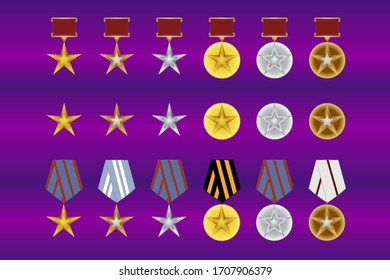 Game awards medal collection. Receiving the cartoon game achievement. Medals with stars, isolated. Mobile game application design elements. Silver, bronze, gold. Different shapes