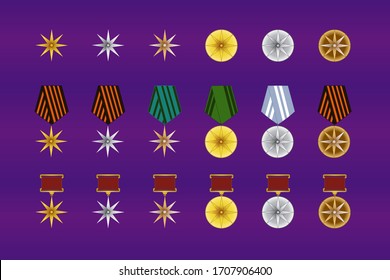 Game awards medal collection. Receiving the cartoon game achievement. Medals with stars, isolated. Mobile game application design elements. Silver, bronze, gold. Different shapes