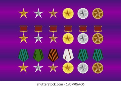 Colección de medallas de los premios de juegos. Recibiendo el logro del juego de caricaturas. Medallas con estrellas, aisladas. Elementos de diseño de aplicaciones de juegos móviles. Plata, bronce, oro. Diferentes formas