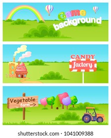 Game background banner with rainbow and flying balloons. Candy factory fairy landscape with buildings from sweets flat vector. Vegetable farm horizontal illustration with tractor and fantastic garden