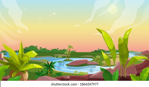 Game Hintergrund der Cartoon-Naturlandschaft, Vektorgrafik und Gui mit Wald, Boden, Himmel, grüne Graswiese, Palmen und Flusswasser, Felsen und Dschungelpflanzen. Benutzeroberfläche, Spiel-Animationsdesign