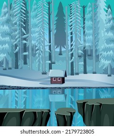 Game Background Cartoon Vector , Cottage On A Frozen Lake