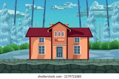 game background cartoon vector , House in an icy forest