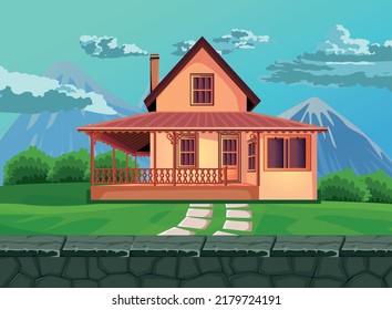 Game-Hintergrund-Cartoon-Vektorgrafik, Haus im Wald