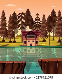 game background cartoon vector , Lake side house