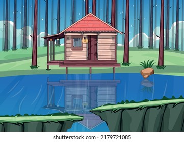 game background cartoon vector , Lakeside house