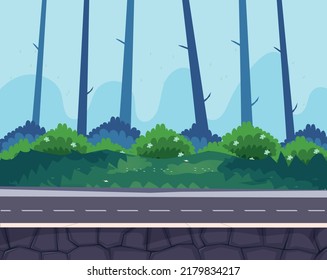 game background cartoon vector , Road in the middle of the forest