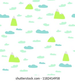 Game background with clouds and mountains in cartoon style. Seamless pattern. Vector illustration