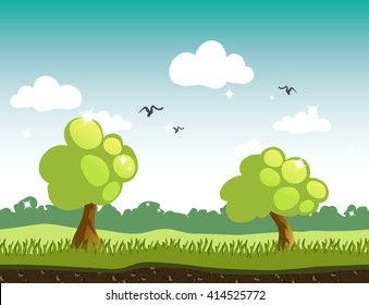 Game background. Colorful background with forest, trees and clouds in cartoon style. Seamless horizontal landscape. Vector illustration.