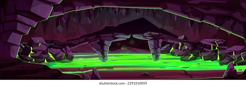 Game background of dark cave with toxic swamp. Fantasy landscape of mine in mountains, underground tunnel with lake of green dirty poisonous water, vector cartoon illustration