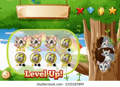 Game background design with raccoons in forest illustration