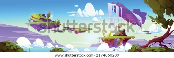 Game background\
with fantasy landscape with floating islands and items. Vector\
cartoon illustration of 2d land platforms with green grass,\
waterfall and flying leaves in\
bubbles