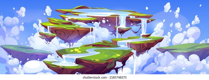 Game background with fantasy summer landscape with cascade waterfall on floating islands and clouds in blue sky. Vector cartoon illustration with flying ground pieces with river and green grass