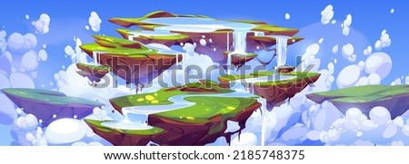 Game background with fantasy summer landscape with cascade waterfall on floating islands and clouds in blue sky. Vector cartoon illustration with flying ground pieces with river and green grass