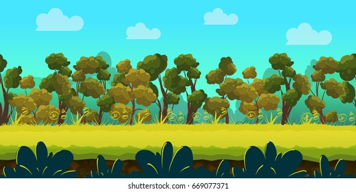 Game background with forest and green foreground, vector. Can be used for game and websites, also for print.