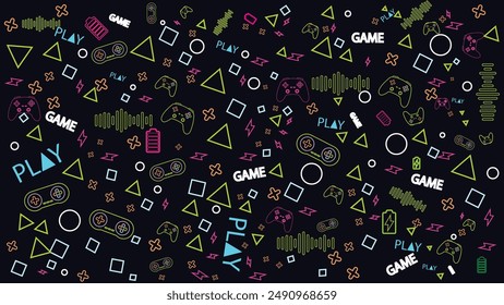 Game background with gamepad, joystick geometric pattern and graphic elements. Outline neon design vector illustration