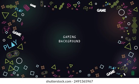 Game background with gamepad, joystick geometric pattern and graphic elements. Outline neon design vector illustration