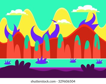 Game background and imaginary landscapes in bright colors, vector illustration