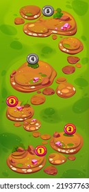 Game background with level map with icons with numbers on summer landscape with green lawn, grass and stones. Vector cartoon illustration for mobile game interface