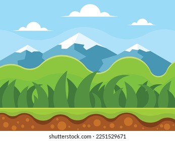Game background with mountains, hills, green grass, blue sky and clouds. Vector graphics