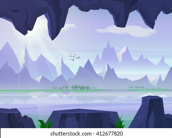 Game background with mountains, rocks, trees, birds, river, sun, grass, sky, clouds. Nature landscape. Game background design. Vector illustration.