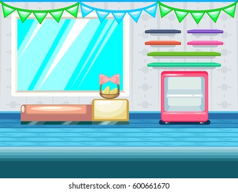 Game background. Shop, grocery store interior. Vector illustration.