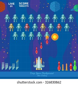 Game background. Spaceship shoot astronauts