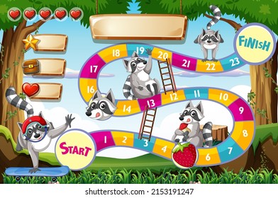 Game background template with raccoons in forest illustration