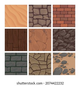 Game Background Texture. Cartoon Ground Earth, Rock And Sand Geological Structures. Stone Or Brick Masonry Templates. Wall UI Collection. Wooden Floor Surface. Vector Soil Layers Set