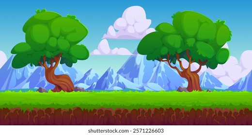 Game background with trees and mountains landscape under clear sky with white fluffy clouds. Cartoon vector natural scene with lush green trees and grass with rocky peaks, summertime fantasy backdrop