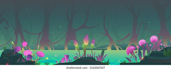 Game background with unusual pink flowers, a river and a distant forest. vector illustration