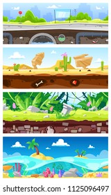 Game background vector cartoon landscape interface gamification and cityscape or urban gaming scene backdrop illustration set of underwater ocean or desert wallpaper