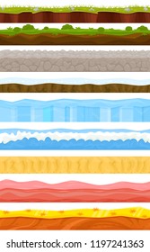 Game background vector cartoon landscape in summer or winter interface gamification and gaming scene grass stone ice backdrop illustration set of sea underwater ocean or desert wallpaper