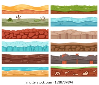 Game background vector cartoon landscape stony icy interface gamification backdrop illustration set of gaming scene grass and ice scenery sea ocean underwater wallpaper.