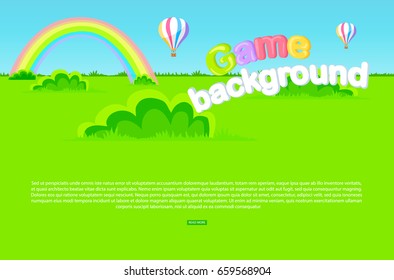 Game background vector illustration with cartoon meadow, green grass and bushes, rainbow, bright air balloons and blue sky