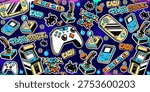 Game background vector and illustrations. Various game elements in graffiti style with neon colors.