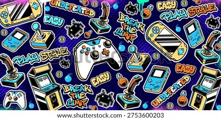 Game background vector and illustrations. Various game elements in graffiti style with neon colors.